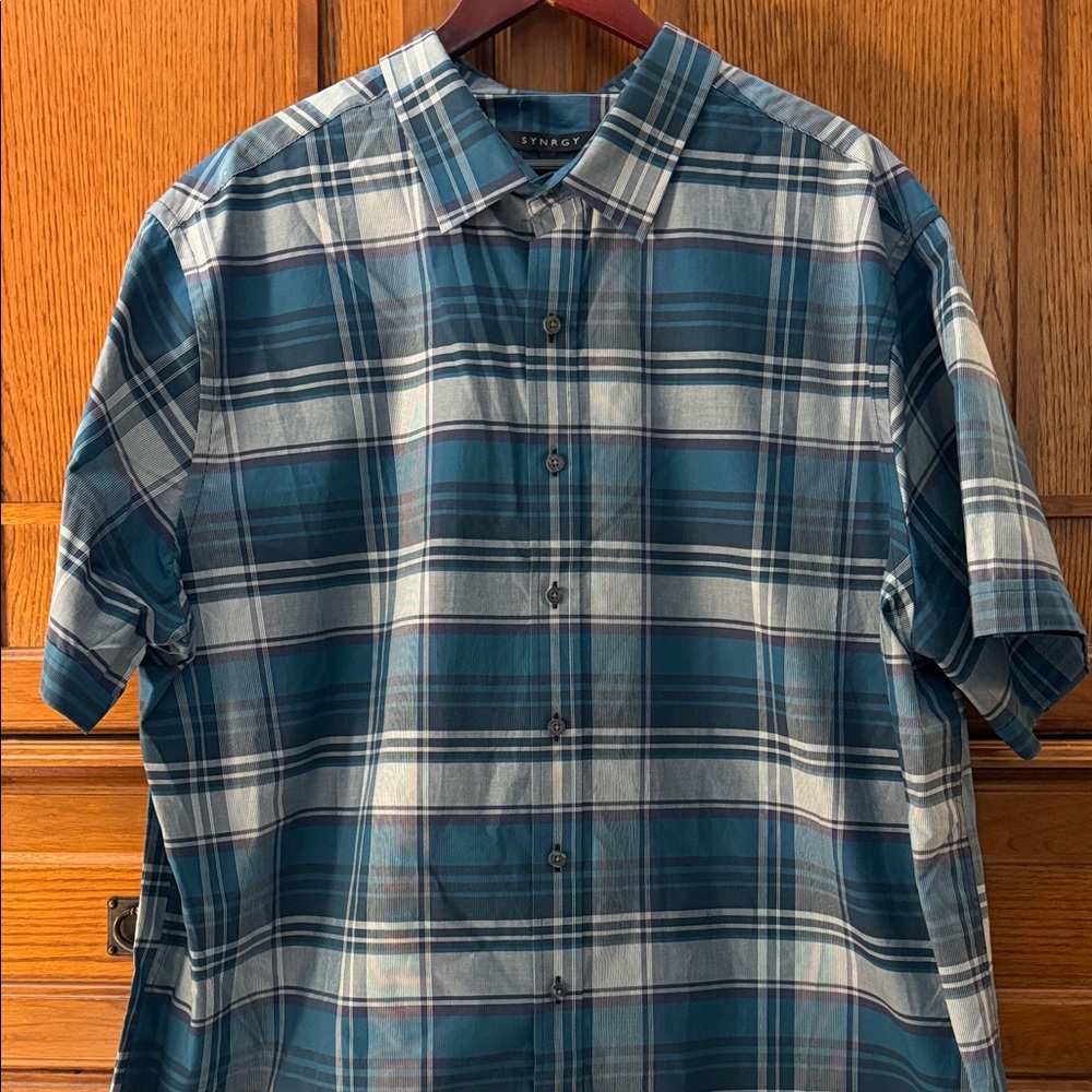 NWT Synrgy Plaid Button Down Short Sleeve Lightweight Relaxed Fit DXL Preppy